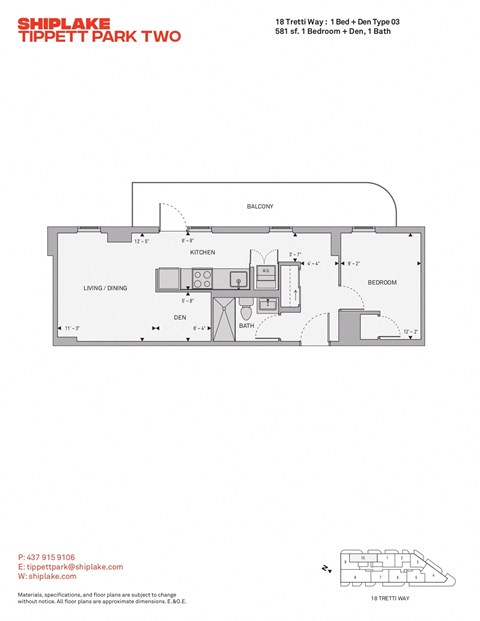 Floor plan for 1 bed, 1 bath, 581 sqft